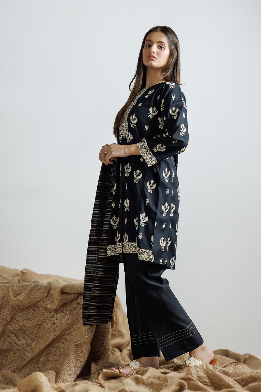 SENORITA GAD-03160 | Black & Fawn | Casual 3 Piece Suit | Cotton Lawn Printed