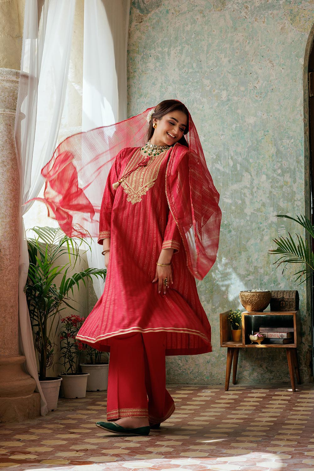 SN-02974 | Red & Gold | Casual Plus 3 Piece Suit | Cotton Dobby
