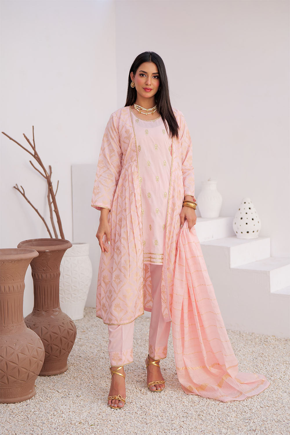 SN-02906 | Pink & Gold | Casual Plus 3 Piece Suit | Cotton Jacquard