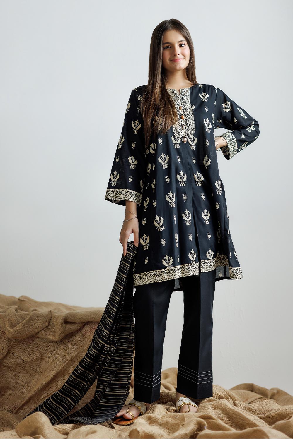 SENORITA GAD-03160 | Black & Fawn | Casual 3 Piece Suit | Cotton Lawn Printed