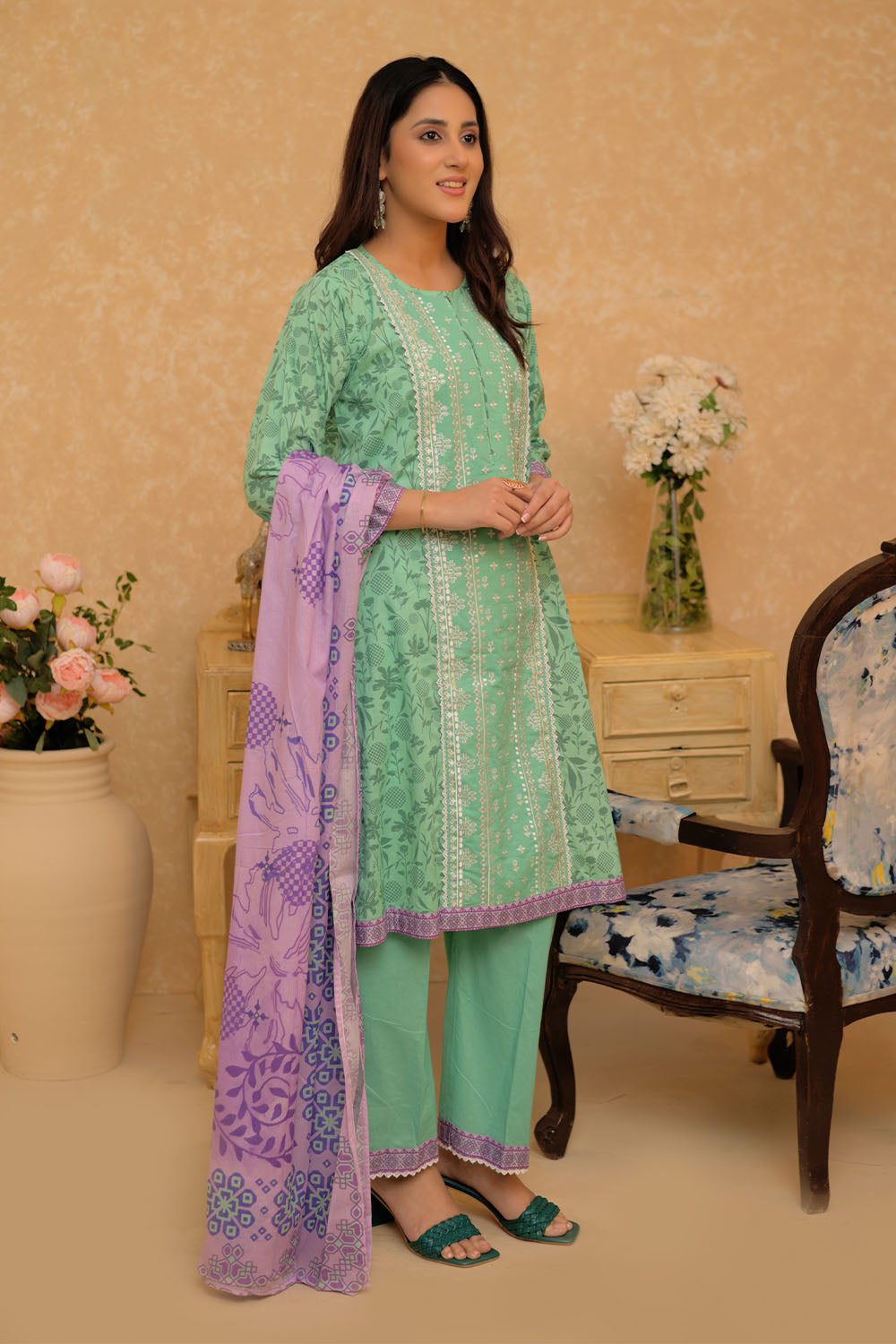SN-02731 | Sea Green & Multicolor | Casual 3 Piece Suit | Cotton Lawn Printed