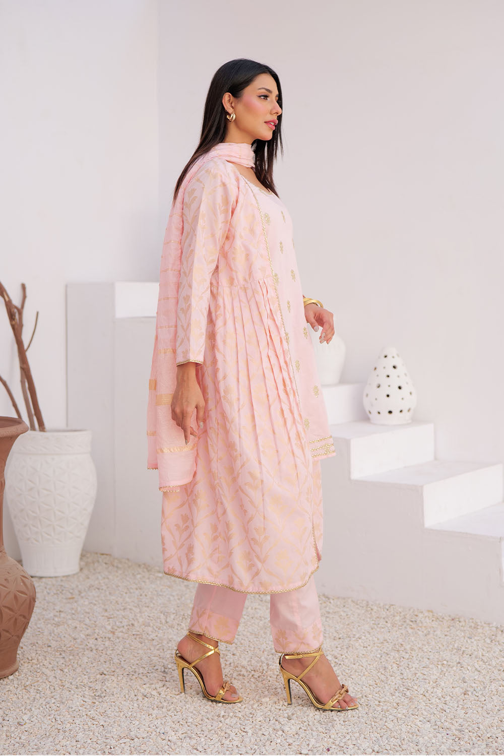 SN-02906 | Pink & Gold | Casual Plus 3 Piece Suit | Cotton Jacquard
