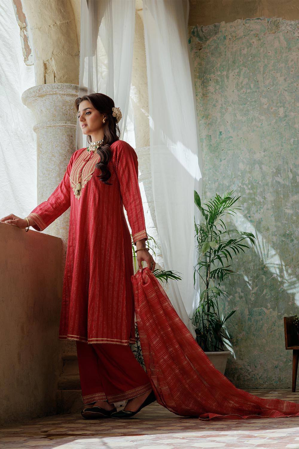 SN-02974 | Red & Gold | Casual Plus 3 Piece Suit | Cotton Dobby