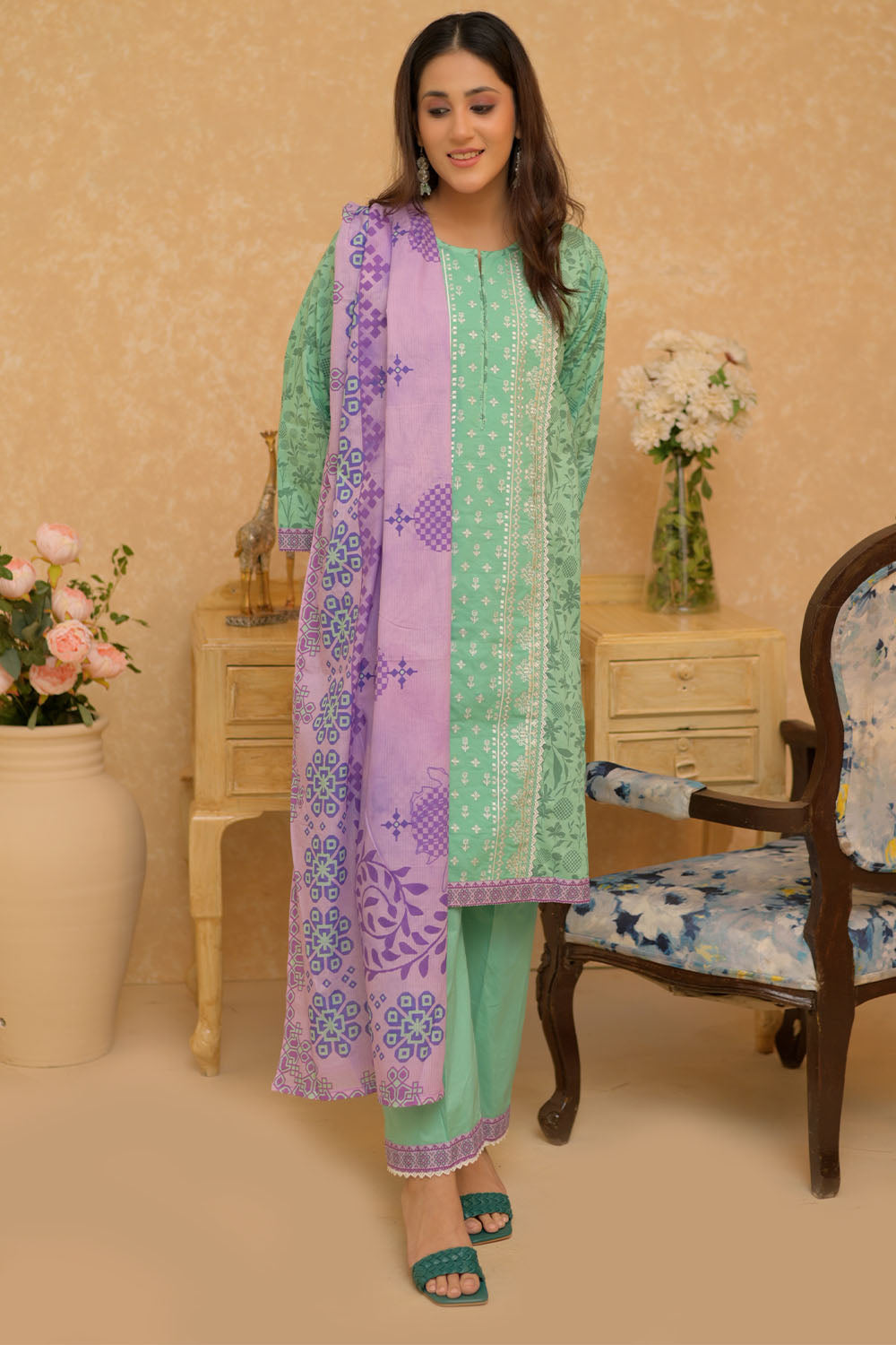 SN-02731 | Sea Green & Multicolor | Casual 3 Piece Suit | Cotton Lawn Printed