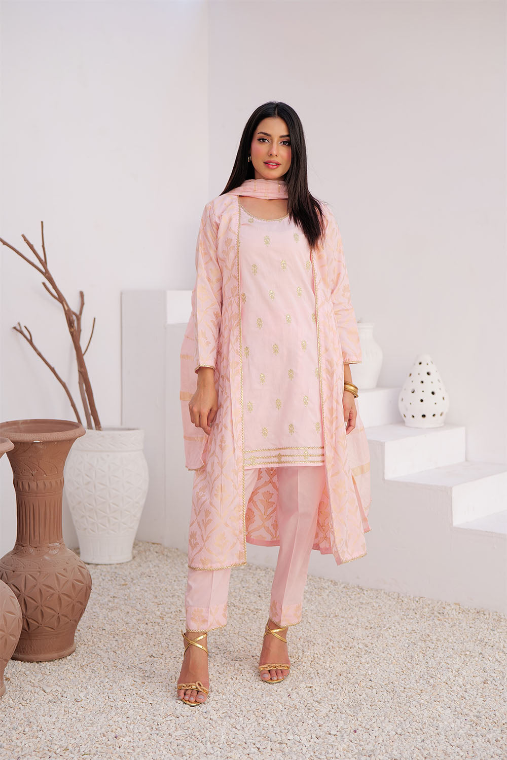 SN-02906 | Pink & Gold | Casual Plus 3 Piece Suit | Cotton Jacquard