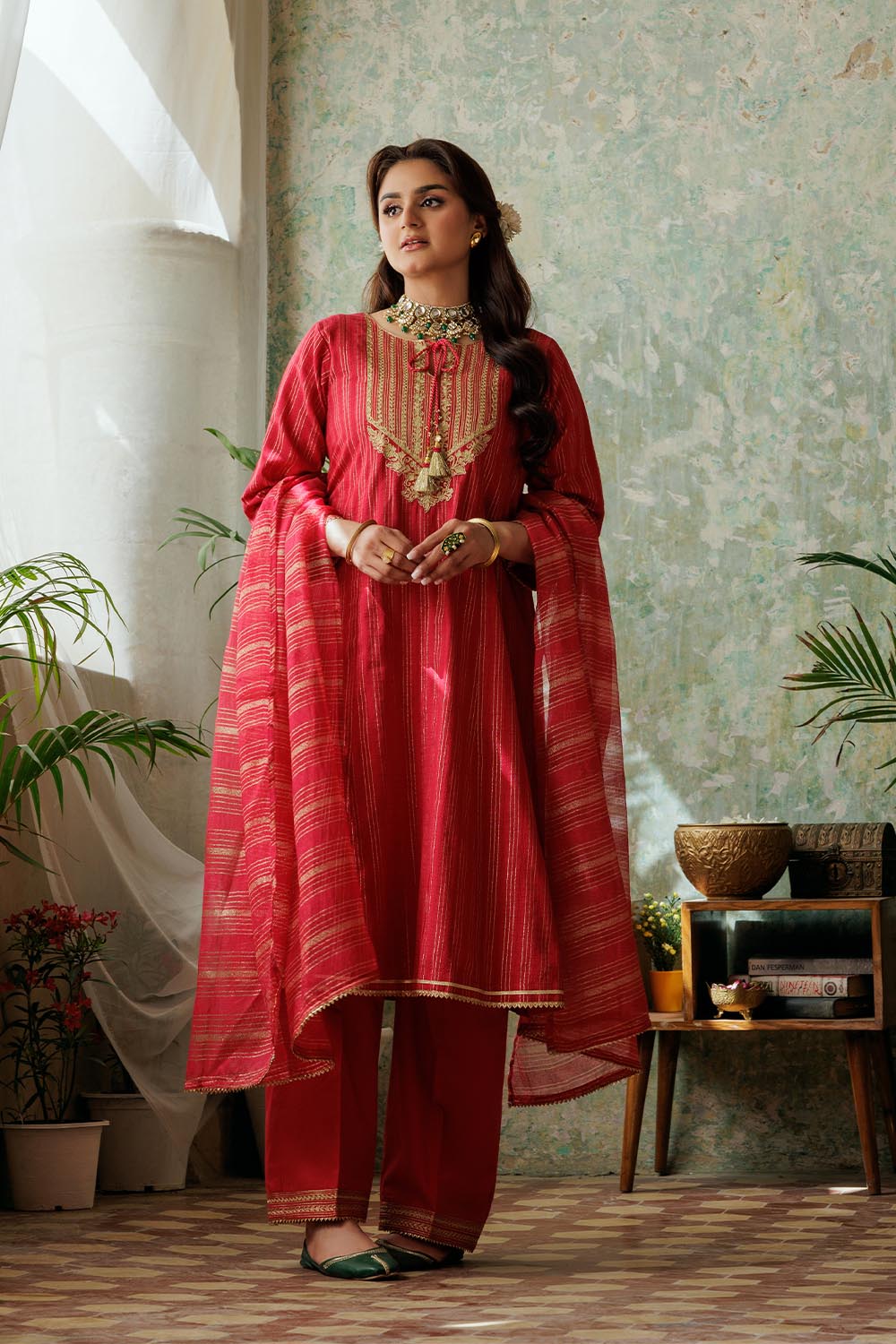 SN-02974 | Red & Gold | Casual Plus 3 Piece Suit | Cotton Dobby
