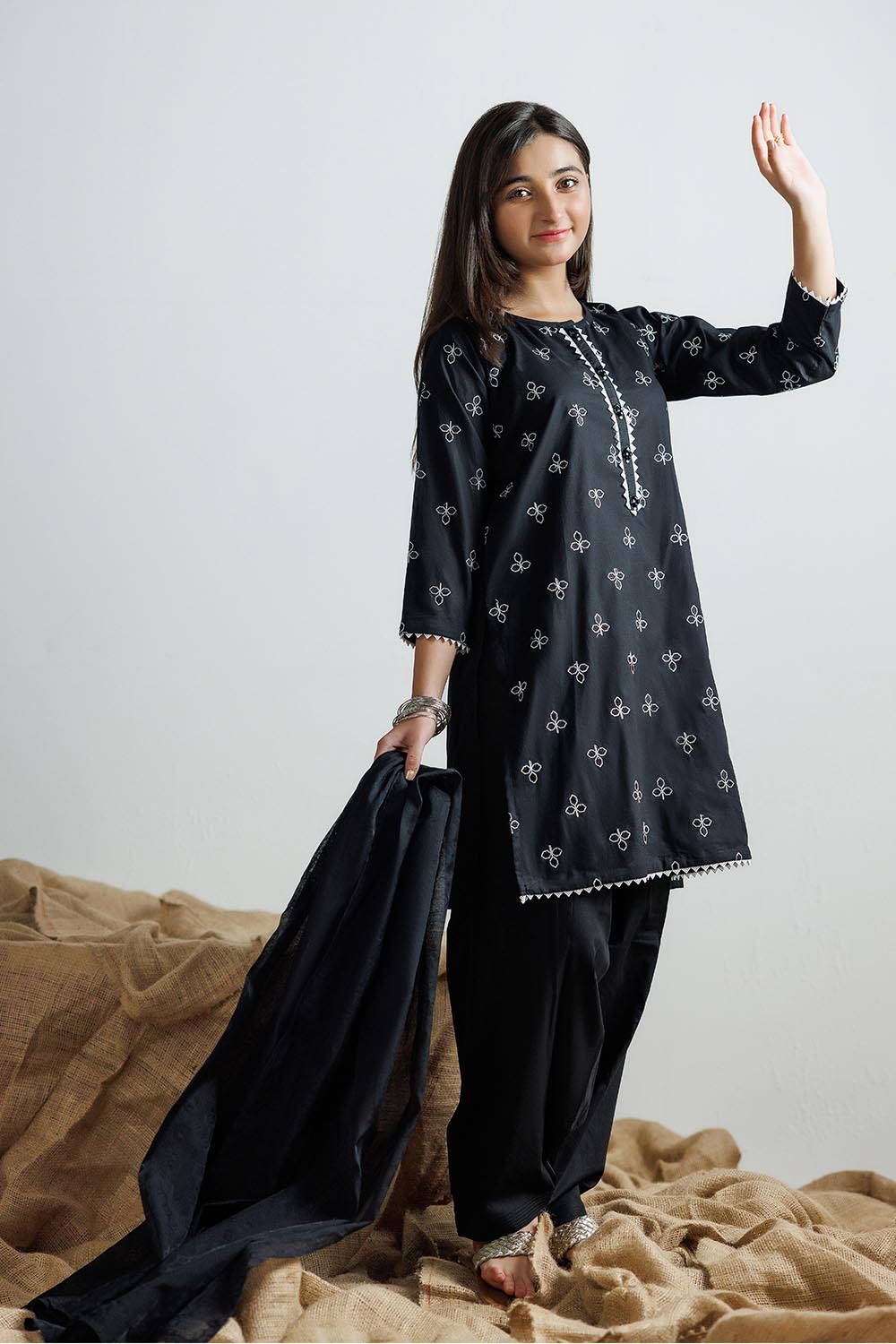 SENORITA GAD-03075 | Black & White | Casual 3 Piece Suit | Cotton Plain Cotton