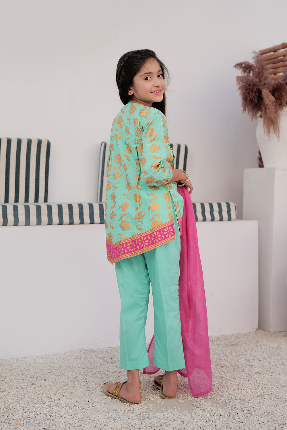 SN-02979 | Sea Green & Gold | Casual Plus 3 Piece Suit | Cotton Dobby Gold Print