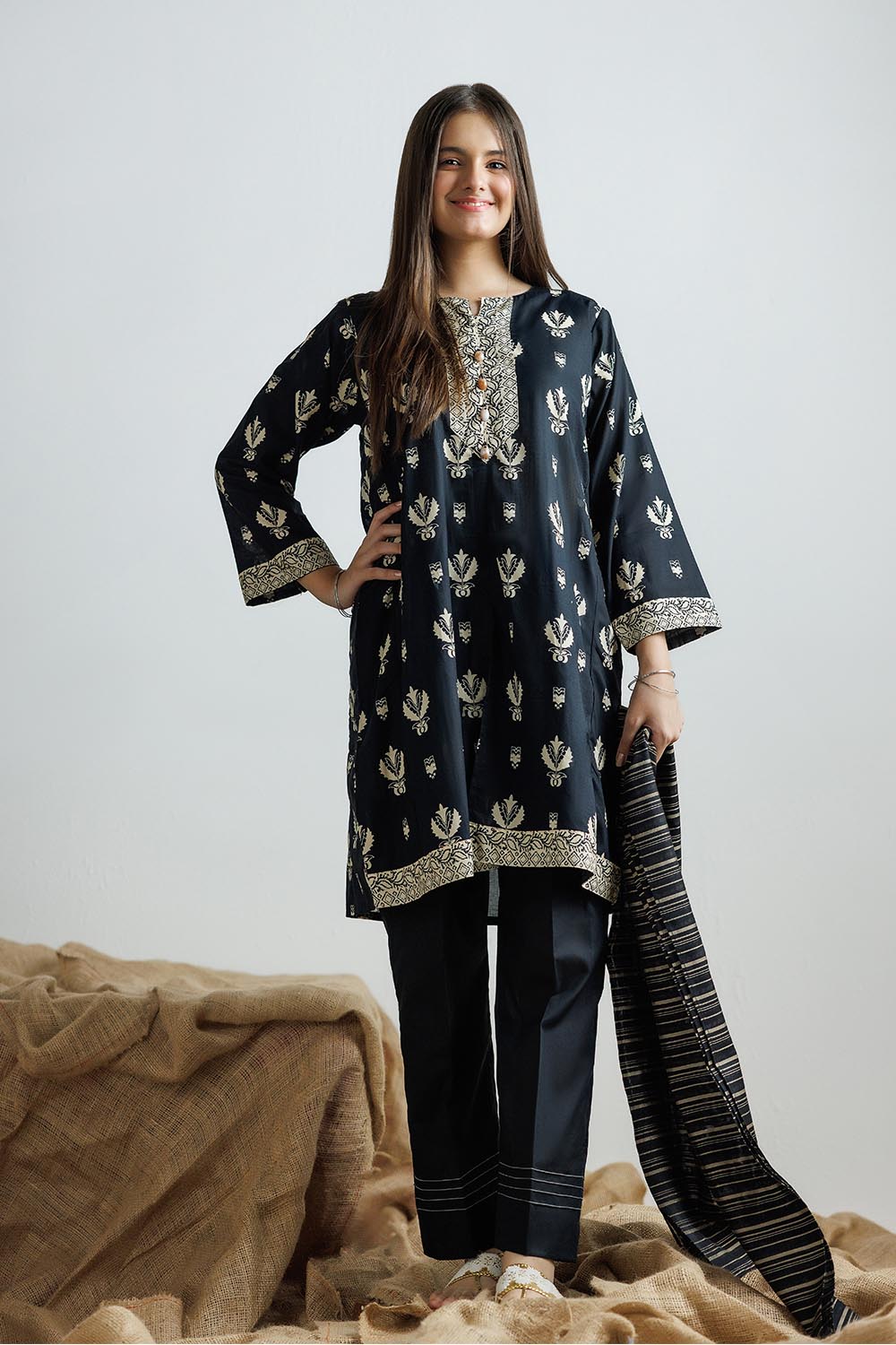 SENORITA GAD-03160 | Black & Fawn | Casual 3 Piece Suit | Cotton Lawn Printed