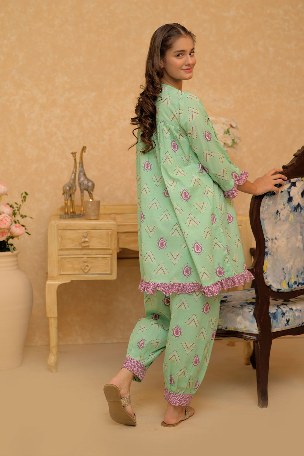 SN-02818 | Light Green & Multicolor | Casual 2 Piece Suit | Cotton Dobby Print