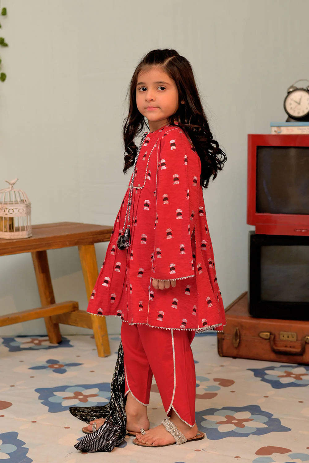 SN-02860 | Red & Multicolor | Casual Plus 3 Piece Suit | Cotton Viscose Filament Jacquard