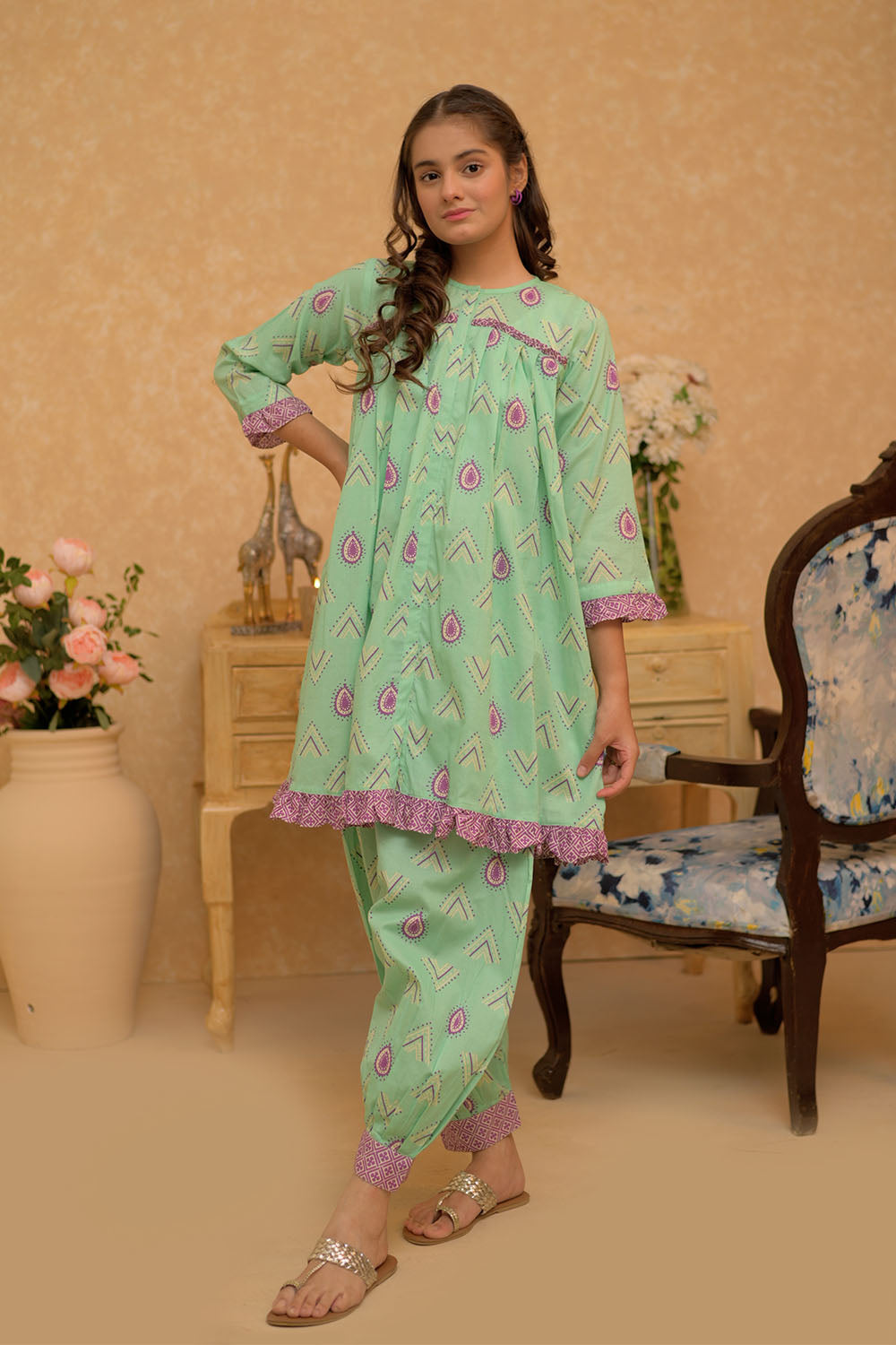 SN-16759 | Light Green & Multicolor | Casual 2 Piece Suit | Cotton Dobby Print