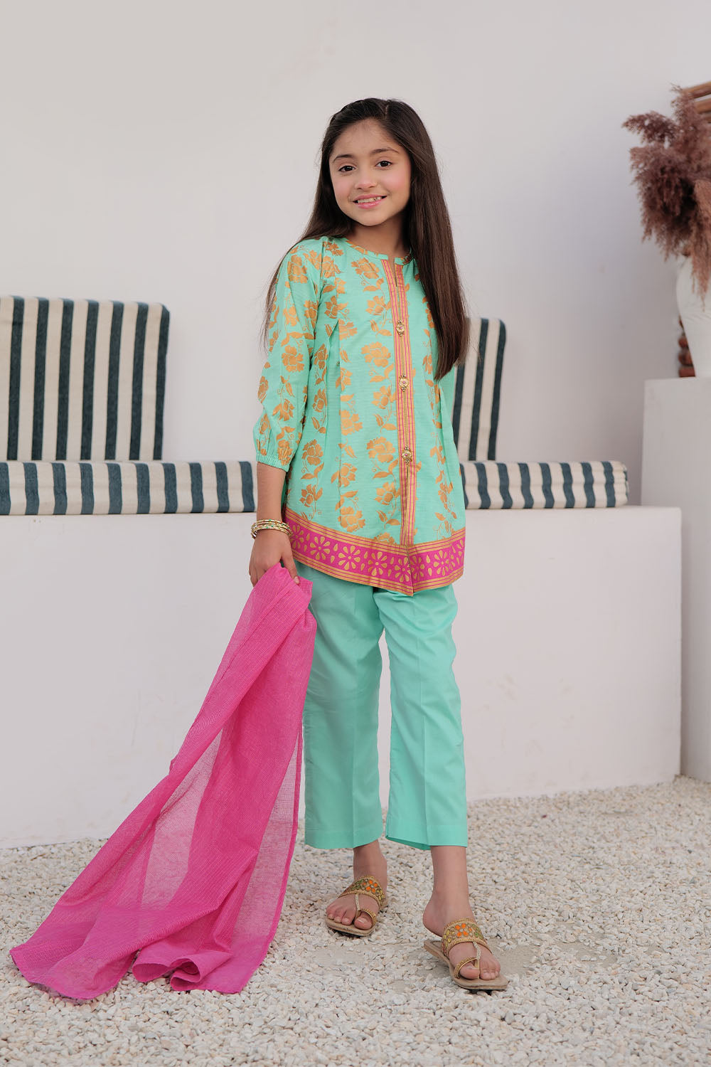 SN-02979 | Sea Green & Gold | Casual Plus 3 Piece Suit | Cotton Dobby Gold Print
