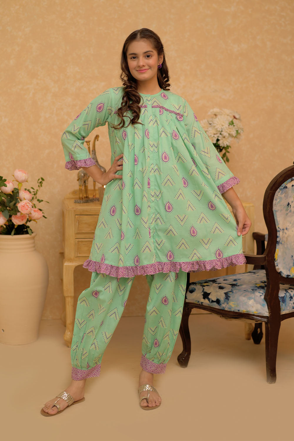 SN-16759 | Light Green & Multicolor | Casual 2 Piece Suit | Cotton Dobby Print