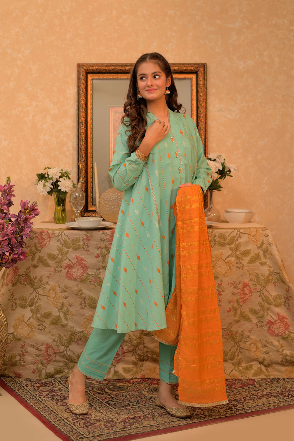 SN-02932 | Sea Green & Multicolor | Casual Plus 3 Piece Suit | Cotton Jacquard