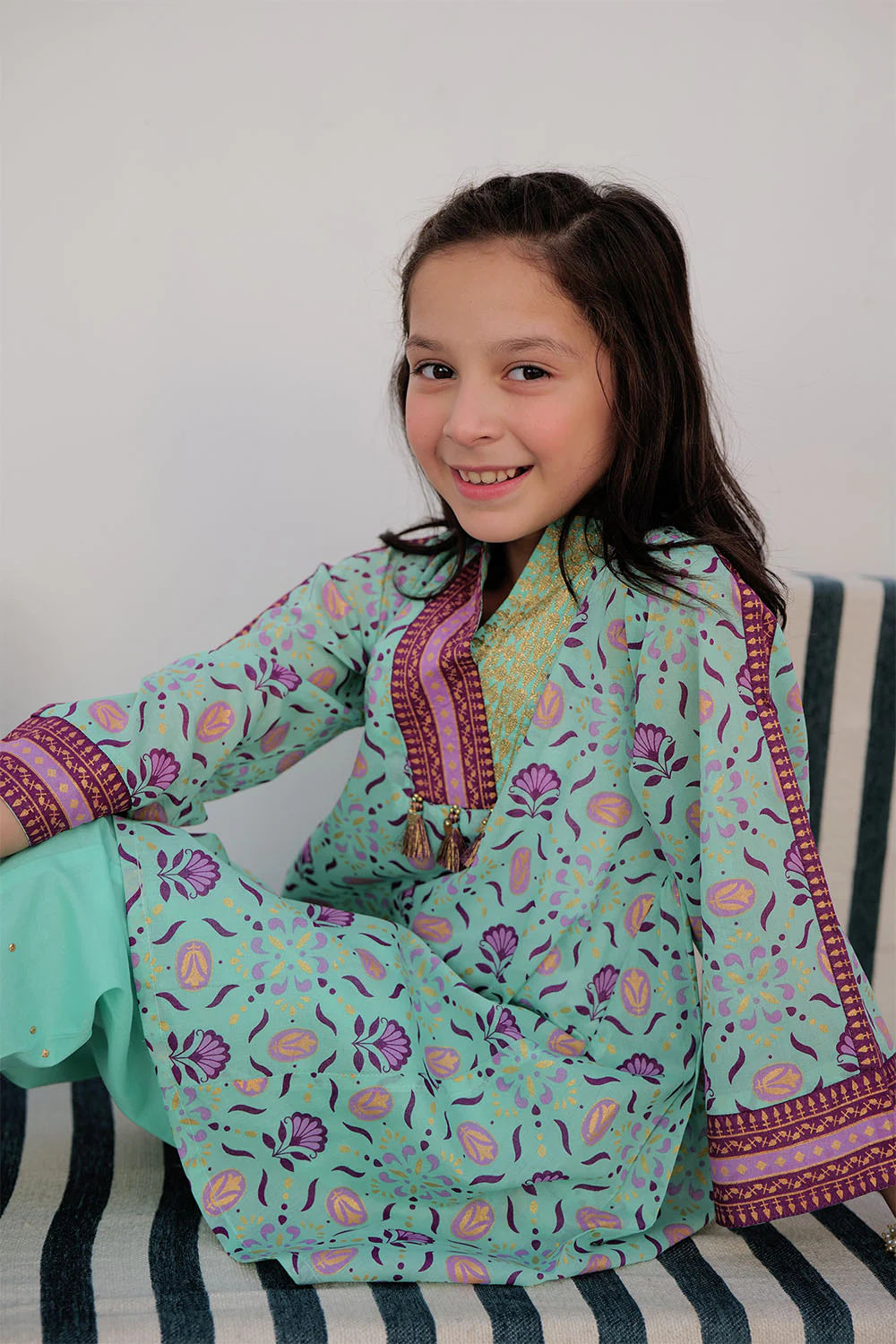 SN-03023 | Light Sea Green | Casual Plus 3 Piece Suit | Cotton Gold Printed