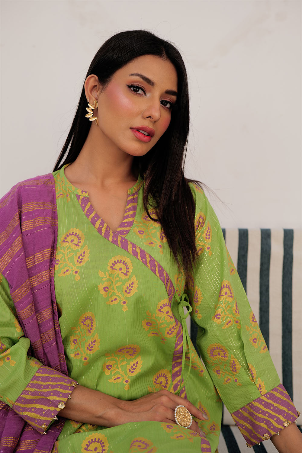 SN-03021 | Parrot Green & Multicolor | Casual Plus 3 Piece Suit | Cotton Dye over Gold Print