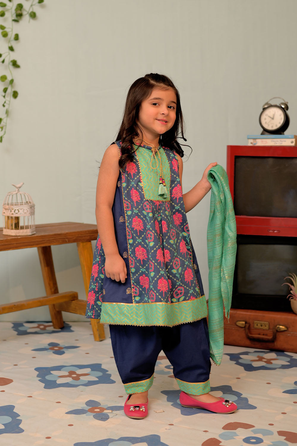SN-02955 | Blue & Multicolor | Casual Plus 3 Piece Suit | Cotton Gold Lawn Print