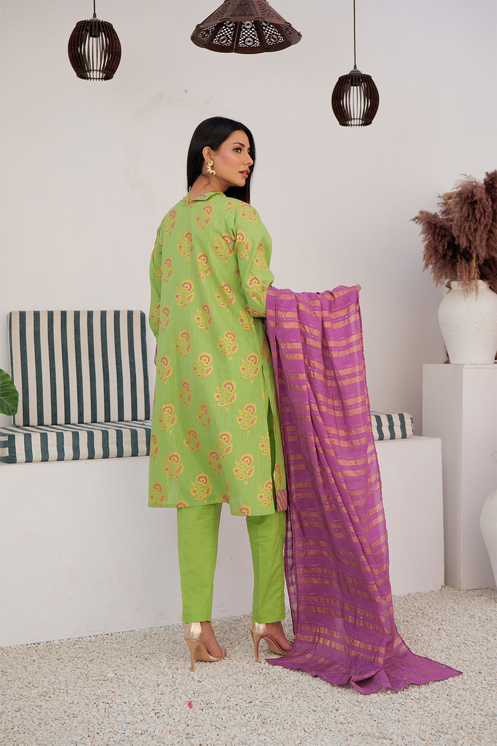 SN-03021 | Parrot Green & Multicolor | Casual Plus 3 Piece Suit | Cotton Dye over Gold Print