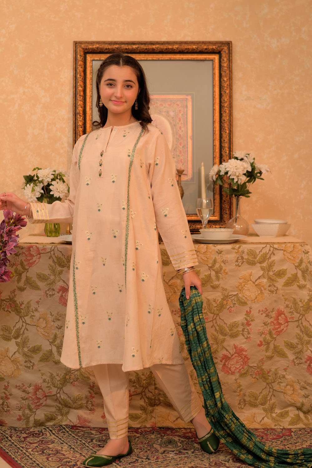 SN-02942 | Fawn & Multicolor | Casual Plus 3 Piece Suit | Cotton Jacquard