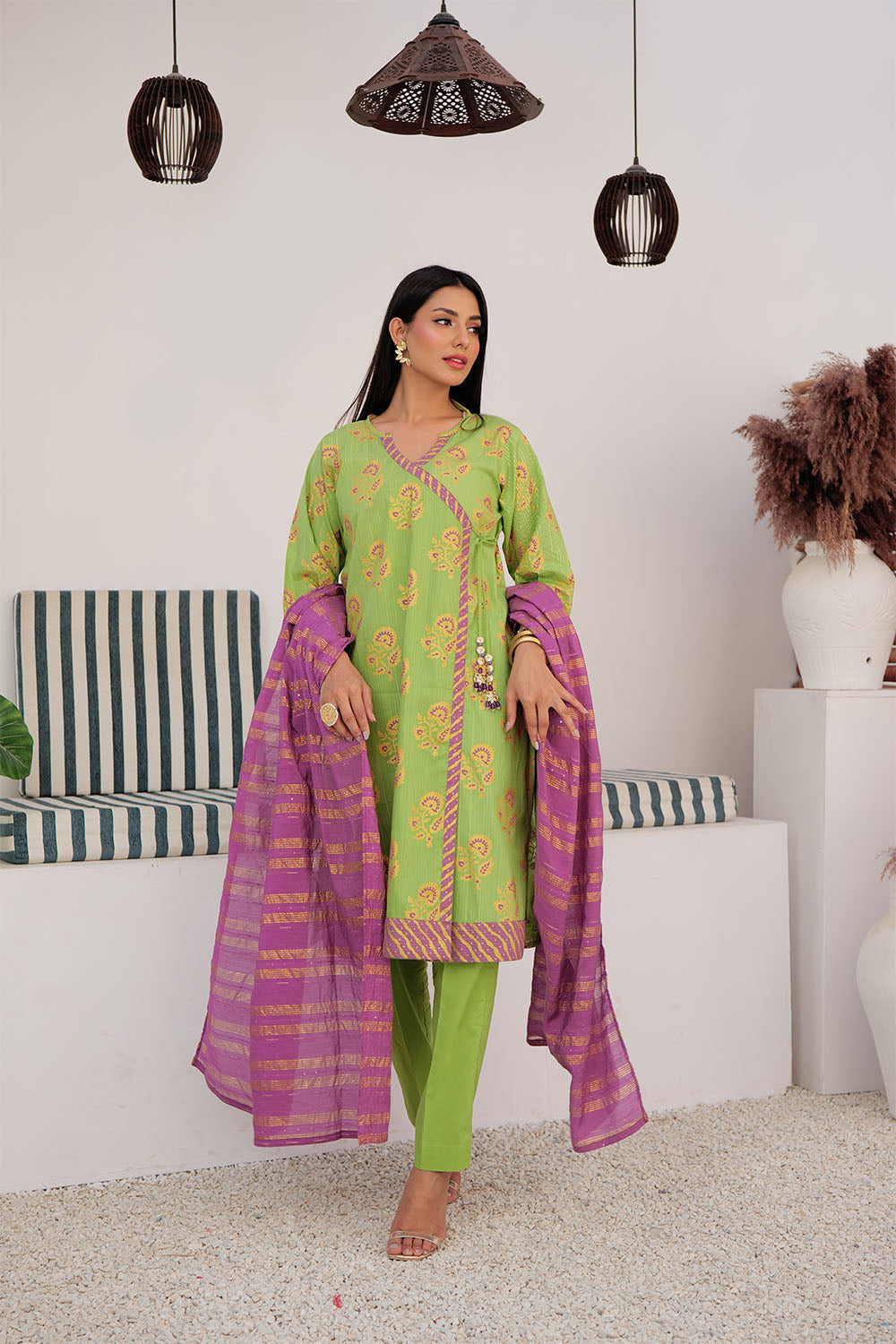 SN-03021 | Parrot Green & Multicolor | Casual Plus 3 Piece Suit | Cotton Dye over Gold Print