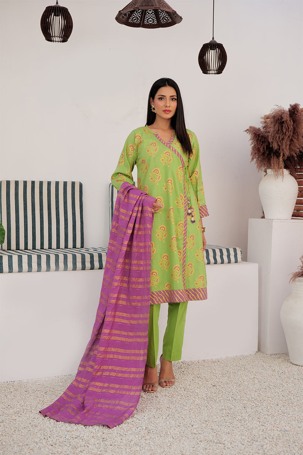 SN-03021 | Parrot Green & Multicolor | Casual Plus 3 Piece Suit | Cotton Dye over Gold Print
