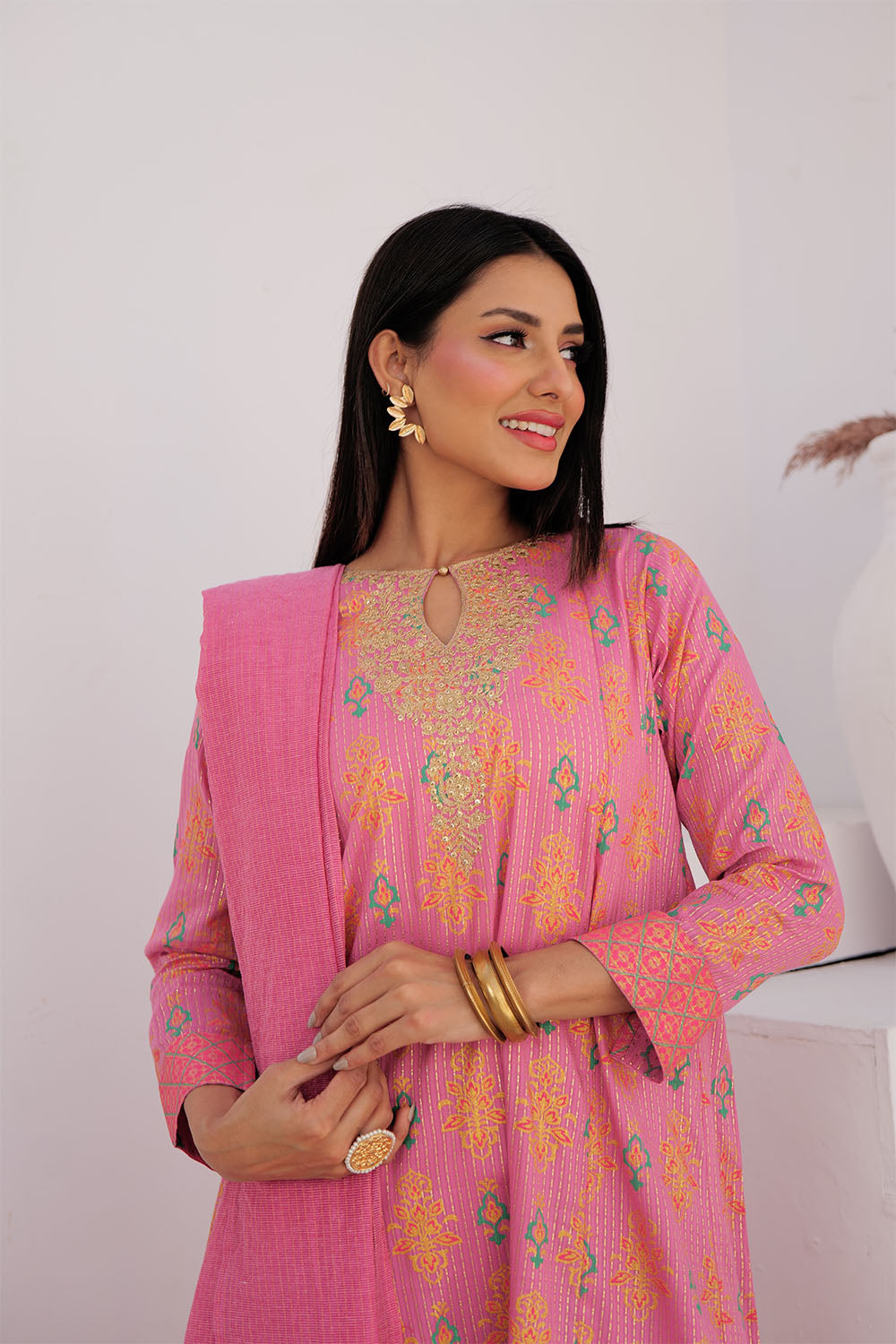 SN-02991 | T.Pink & MultiColor | Casual Plus 3 Piece Suit | Cotton Dobby Dye over Gold Print