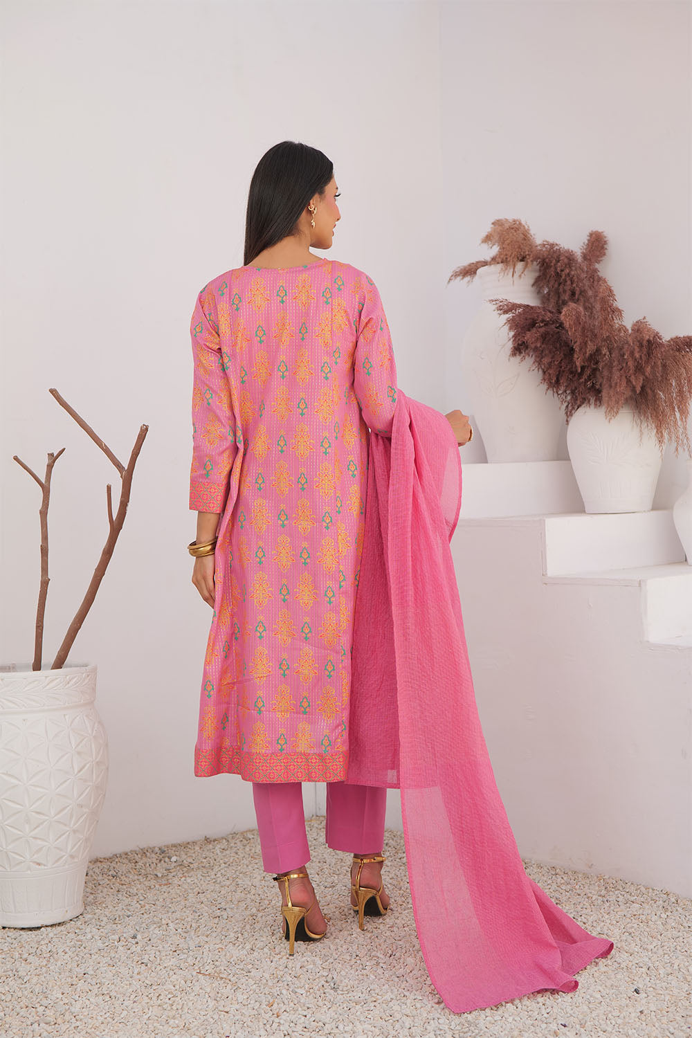 SN-02991 | T.Pink & MultiColor | Casual Plus 3 Piece Suit | Cotton Dobby Dye over Gold Print