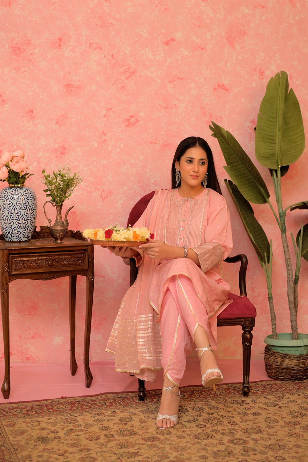 SN-02893 | Pink & Gold | Casual Plus 3 Piece Suit | Cotton Viscose Filament Jacquard