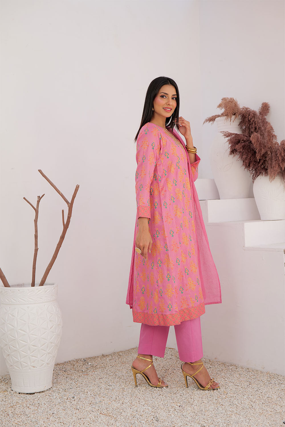 SN-02991 | T.Pink & MultiColor | Casual Plus 3 Piece Suit | Cotton Dobby Dye over Gold Print