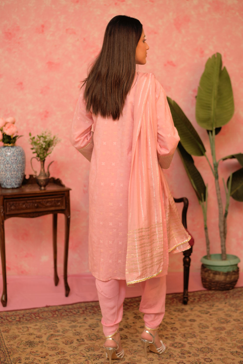 SN-02893 | Pink & Gold | Casual Plus 3 Piece Suit | Cotton Viscose Filament Jacquard