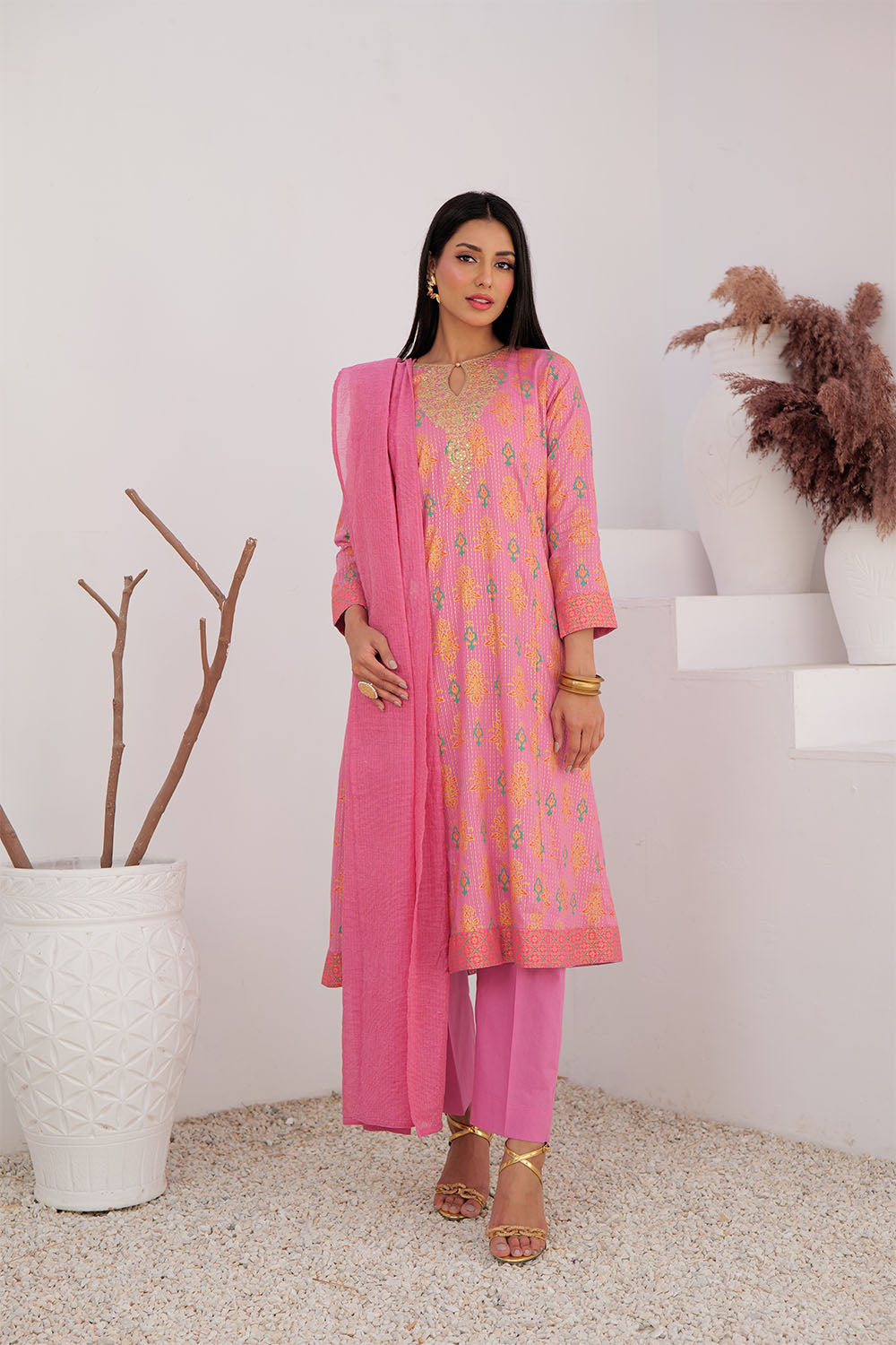 SN-02991 | T.Pink & MultiColor | Casual Plus 3 Piece Suit | Cotton Dobby Dye over Gold Print