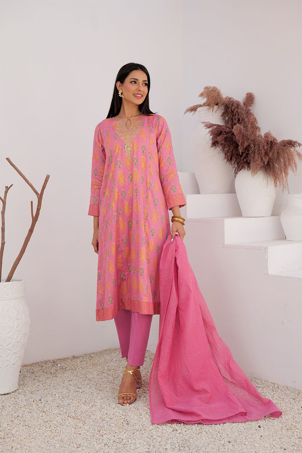 SN-02991 | T.Pink & MultiColor | Casual Plus 3 Piece Suit | Cotton Dobby Dye over Gold Print