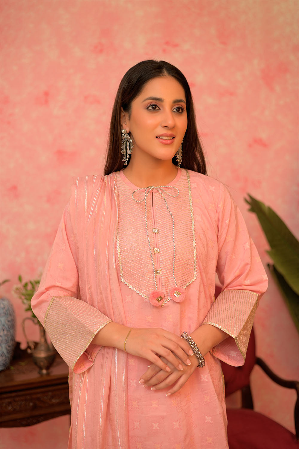 SN-02893 | Pink & Gold | Casual Plus 3 Piece Suit | Cotton Viscose Filament Jacquard