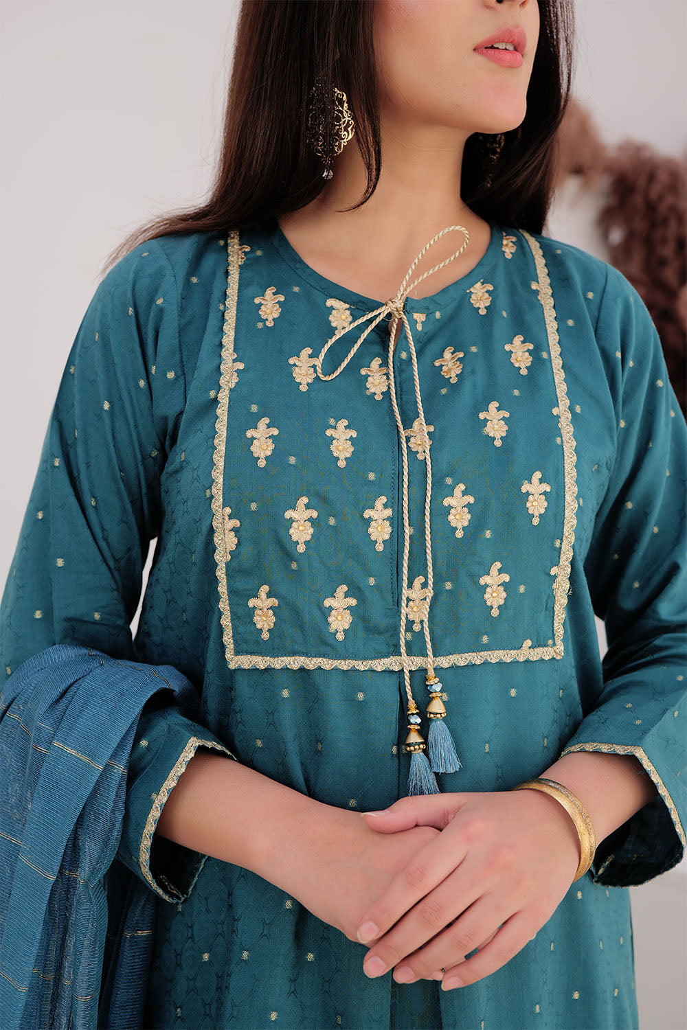 SN-02709 | Turqouise Green & Gold | Casual Plus 3 Piece Suit | Cotton Viscose Filament Jacquard