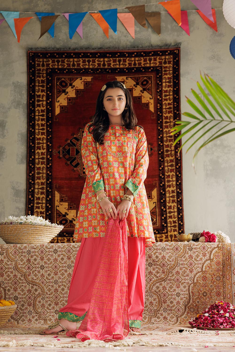 SN-02983 | Multicolor & Gold | Casual Plus 3 Piece Suit | Cotton Gold Printed