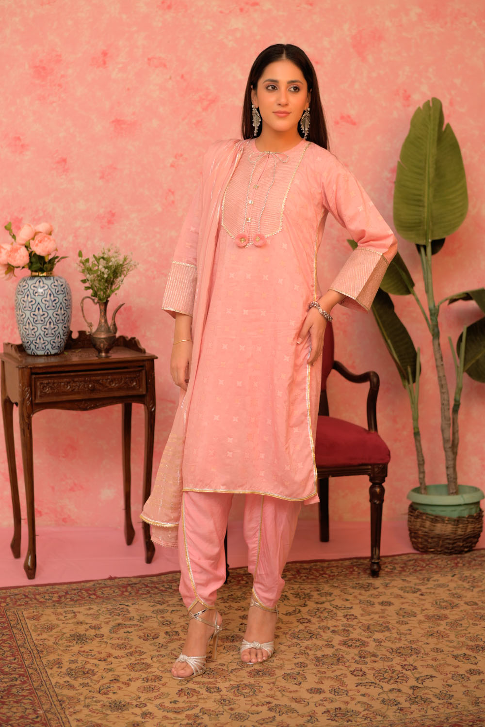 SN-02893 | Pink & Gold | Casual Plus 3 Piece Suit | Cotton Viscose Filament Jacquard