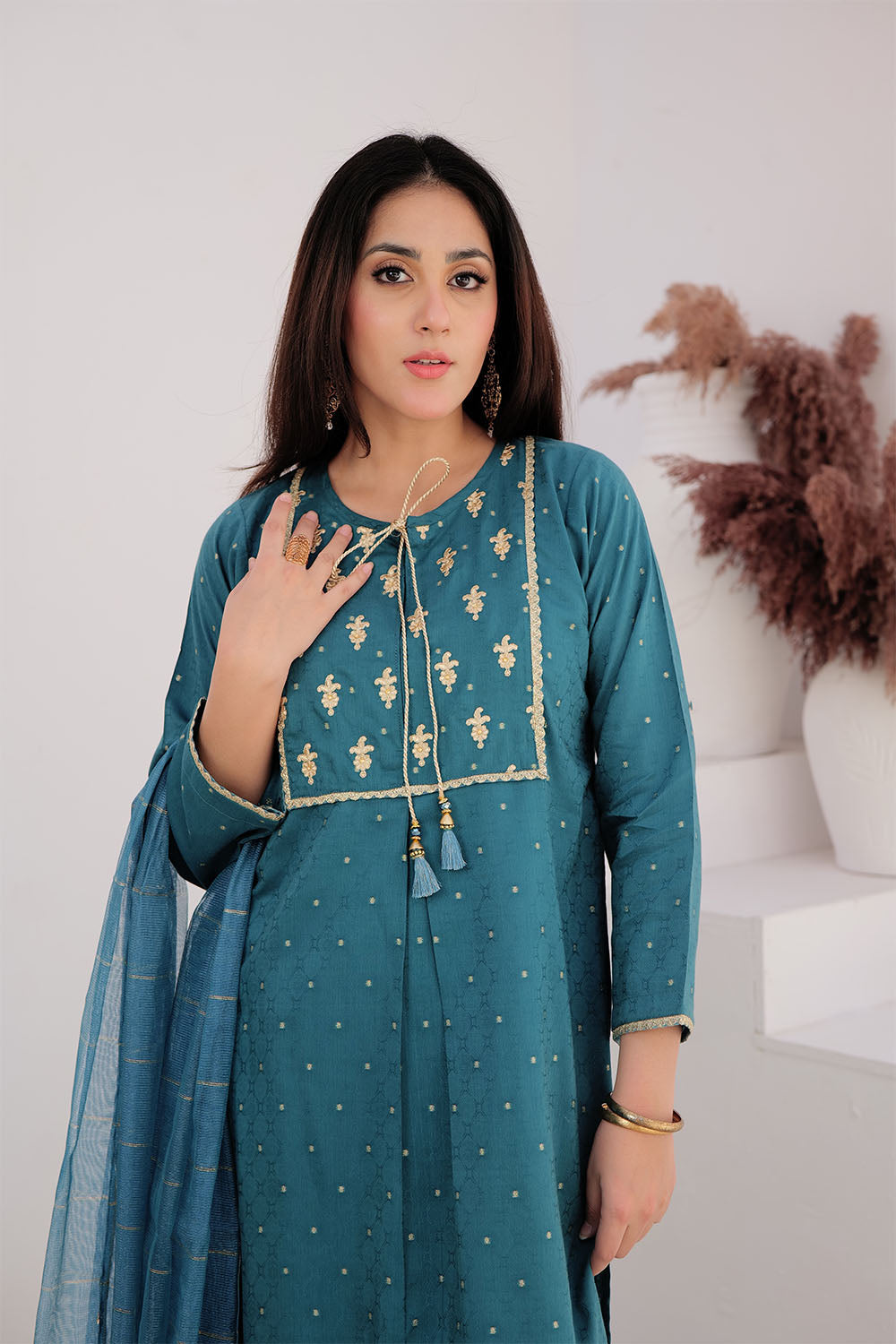 SN-02709 | Turqouise Green & Gold | Casual Plus 3 Piece Suit | Cotton Viscose Filament Jacquard
