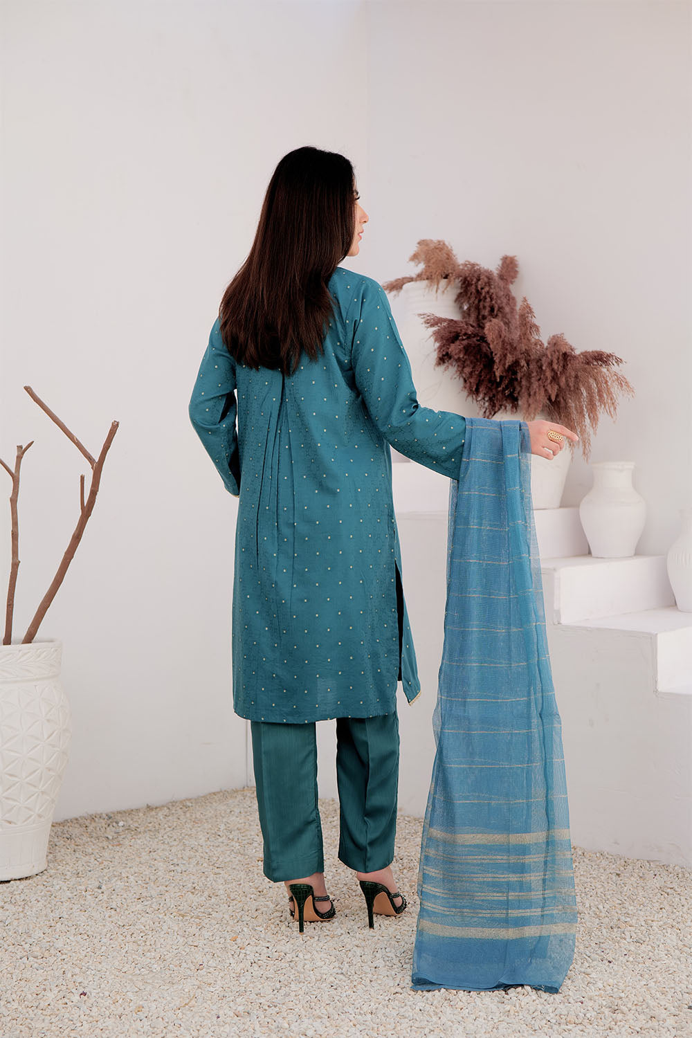 SN-02709 | Turqouise Green & Gold | Casual Plus 3 Piece Suit | Cotton Viscose Filament Jacquard