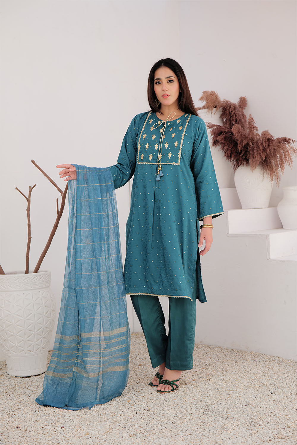 SN-02709 | Turqouise Green & Gold | Casual Plus 3 Piece Suit | Cotton Viscose Filament Jacquard