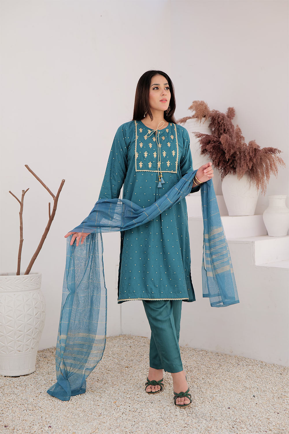SN-02709 | Turqouise Green & Gold | Casual Plus 3 Piece Suit | Cotton Viscose Filament Jacquard