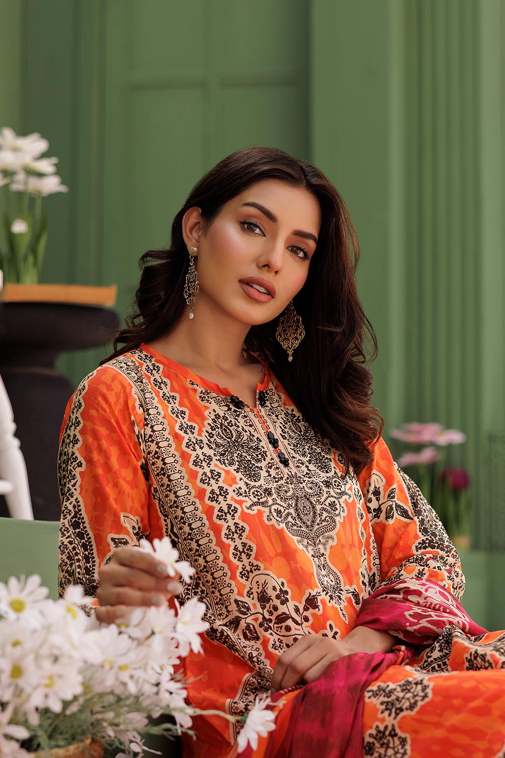 SN-Orange & Multicolor | Casual 3 Piece Suit | Cotton Lawn Printed