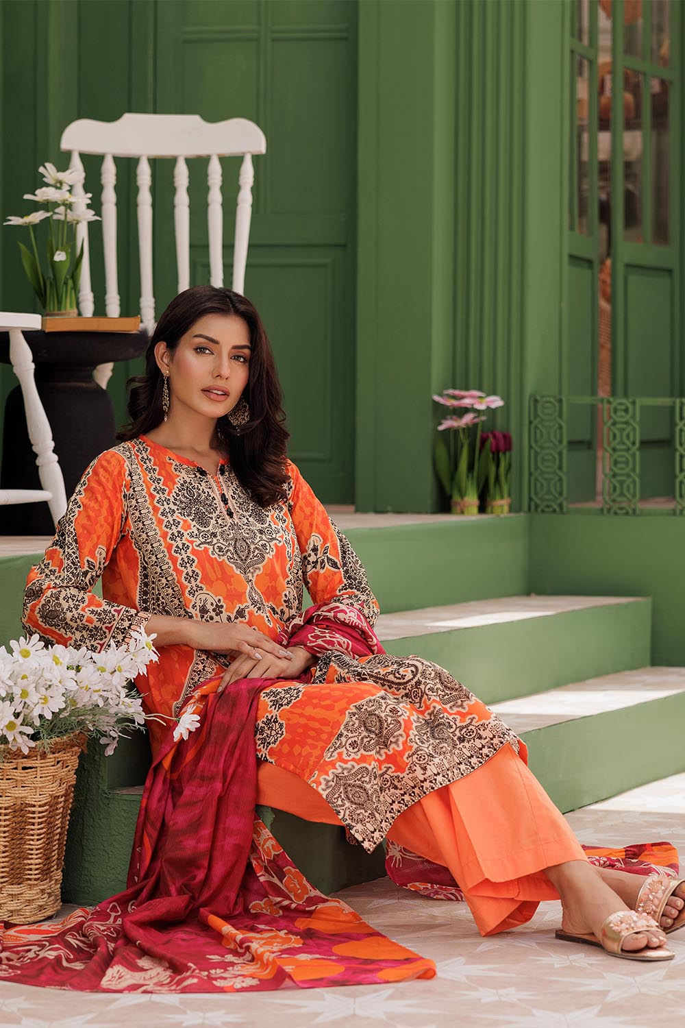 SN-Orange & Multicolor | Casual 3 Piece Suit | Cotton Lawn Printed