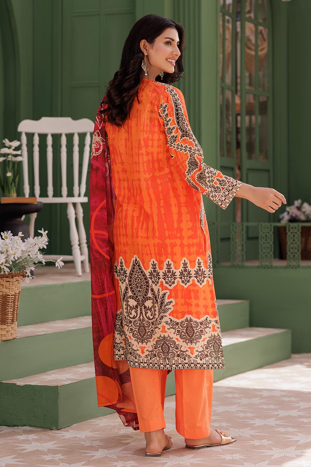 SN-Orange & Multicolor | Casual 3 Piece Suit | Cotton Lawn Printed