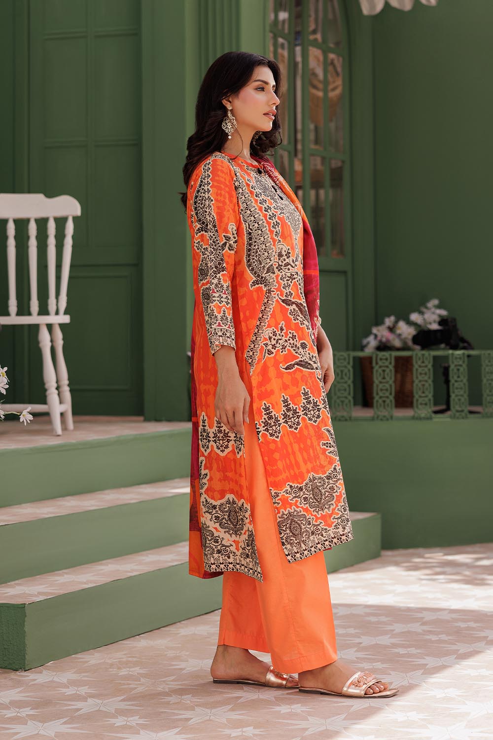 SN-Orange & Multicolor | Casual 3 Piece Suit | Cotton Lawn Printed