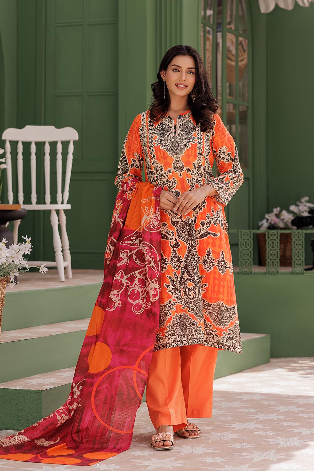 SN-Orange & Multicolor | Casual 3 Piece Suit | Cotton Lawn Printed