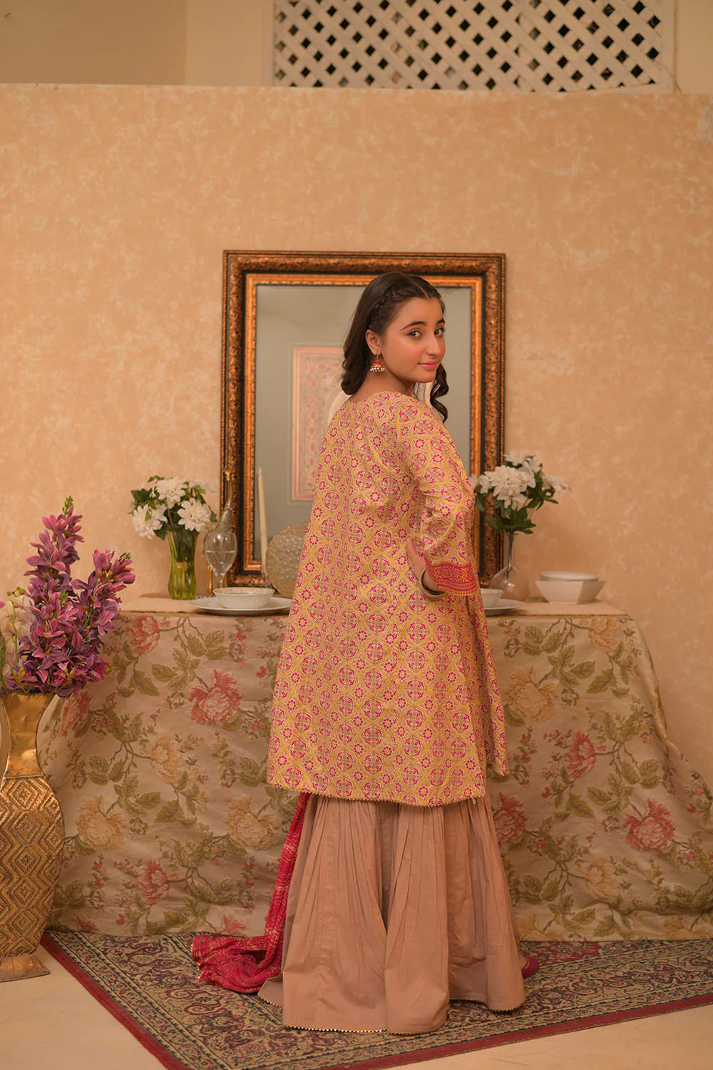 SN-02940 | Beige & Multicolor | Casual Plus 3 Piece Suit | Cotton Gold Printed