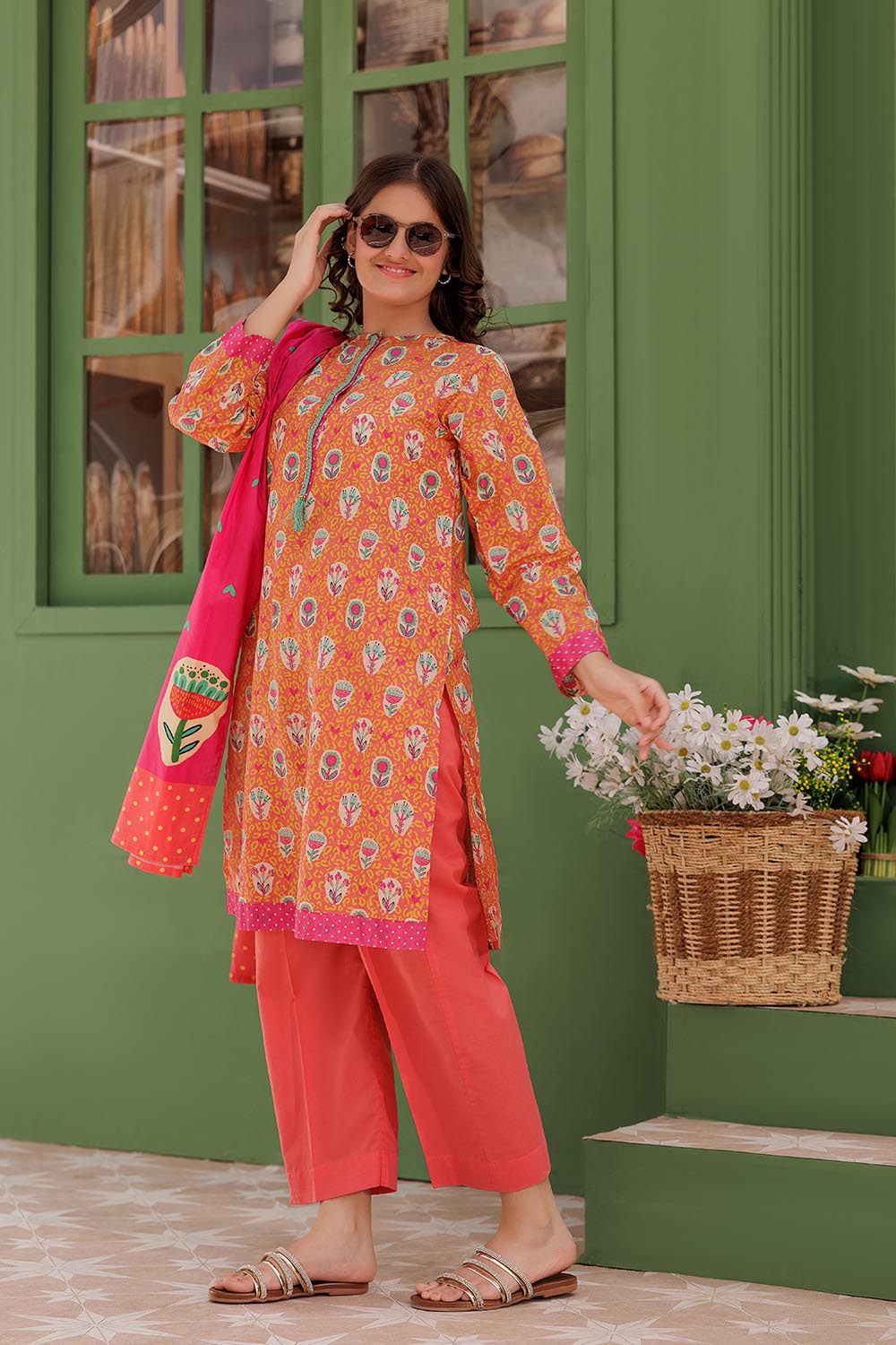 SN- Peach & Multicolor | Casual 3 Piece Suit | Cotton Lawn Printed