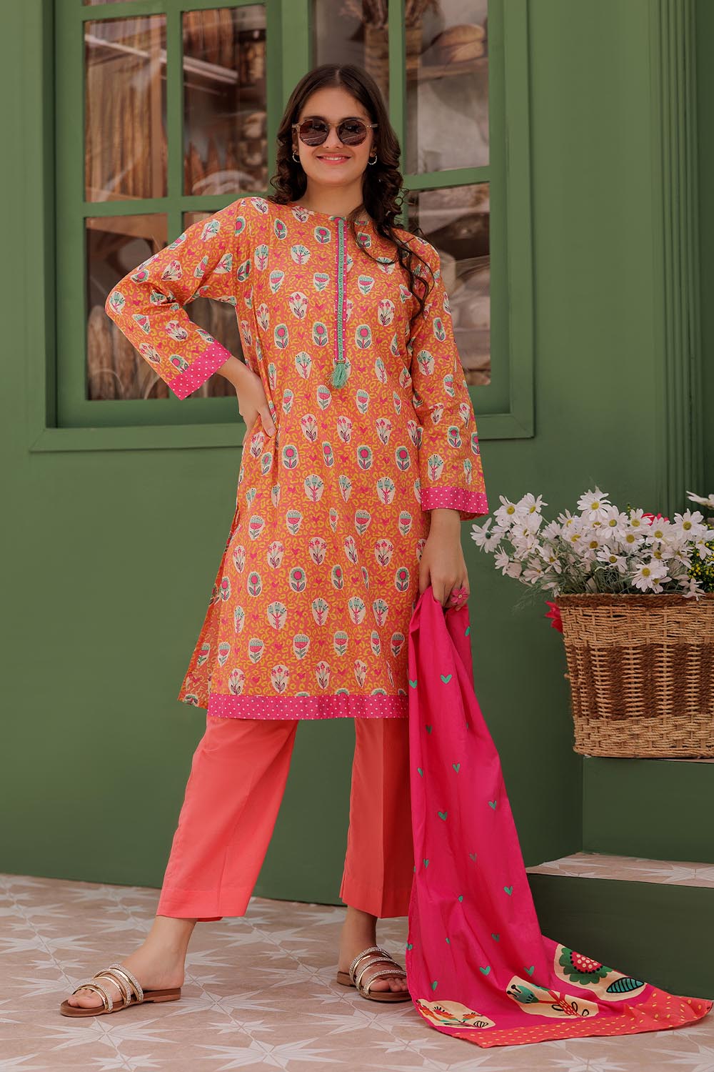 SN- Peach & Multicolor | Casual 3 Piece Suit | Cotton Lawn Printed