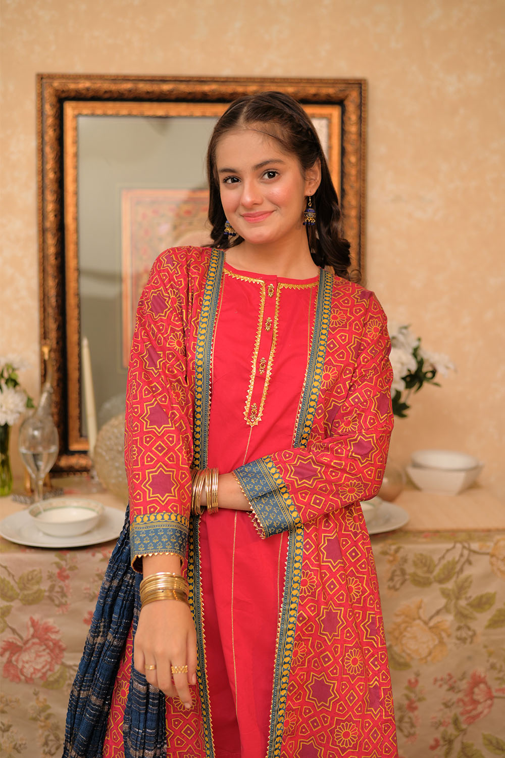 SN-02952 | Red & Multicolor | Casual Plus 3 Piece Suit | Cotton Lawn Gold Printed
